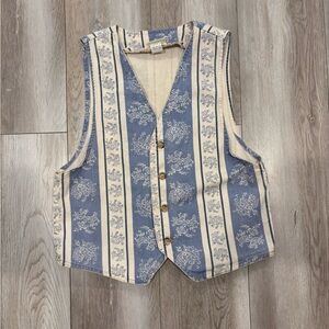 Vintage Vivaldi Blue and White Stripped Button Down Floral Vest Size M